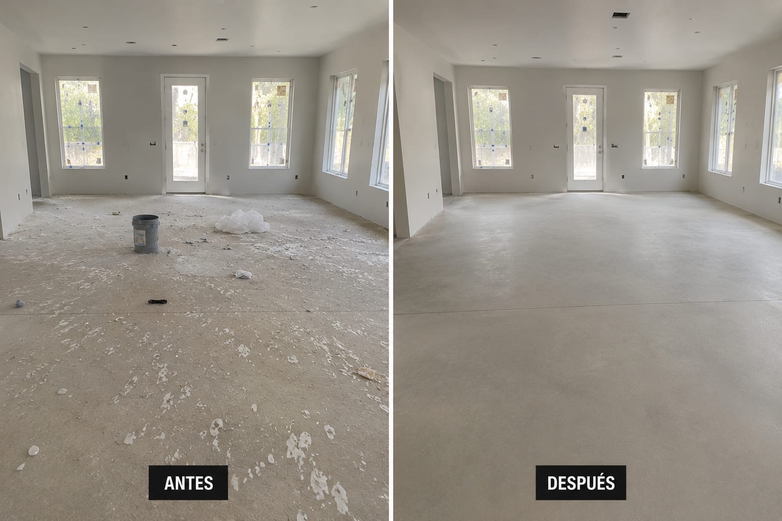 Before and after of a concrete floor cleaned of drywall dust and paint splatter after construction